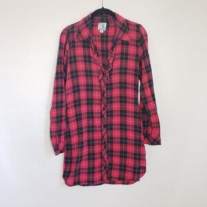 Red Plaid Dress Roxy Y2K Long Sleeve Shirt Dress Black, Red Flannel Size Small